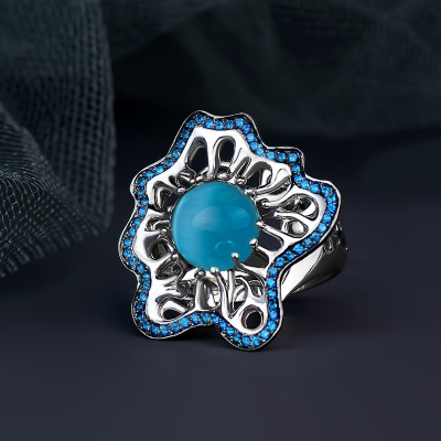 Каблучка, перстень из , Комбіноване,  (Улексит блакитний), Блакитний, , стиль - , артикул - К 607ц_2 к15