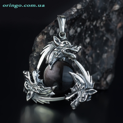 Підвіс из , Оксидування,  (Сріблястий обсидіан), Чорний, , стиль - Котики, конячки та інші тварини, Символи, талісмани і амулети, Чоловіче та брутальне, артикул - П 542 о